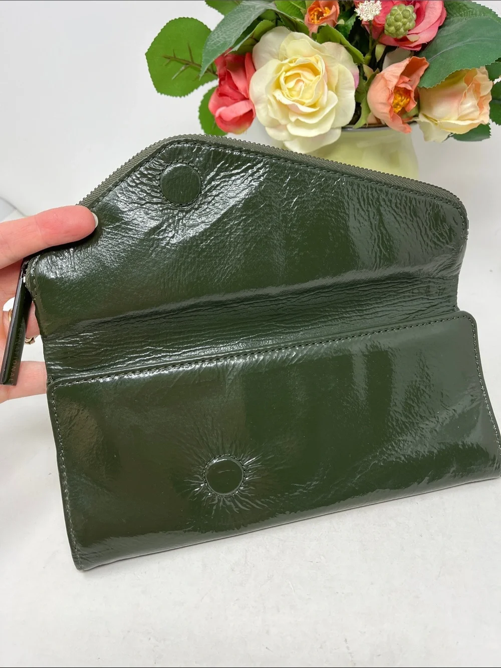HOBO INTERNATIONAL CLUTCH WALLET ASYMMETRICAL ZIPPER PATENT LEATHER FOREST GREEN